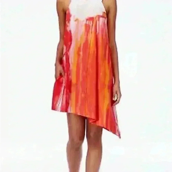 86. Rachel Rachel Roy Asymmetrical Sleeves Coral Pink Abstract Ombré Dress Sz S - Picture 3 of 6